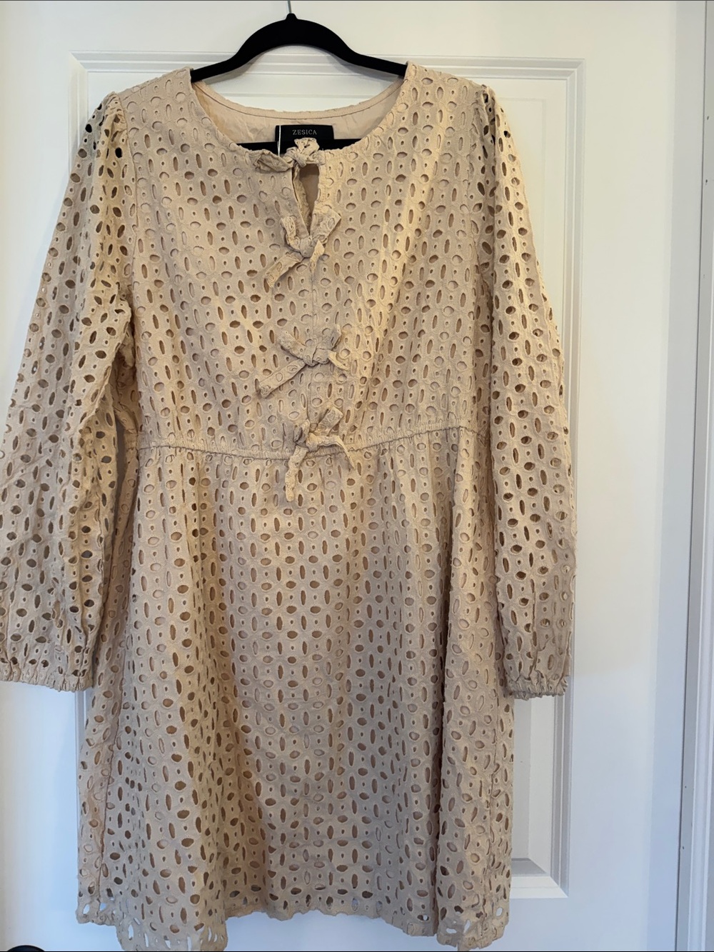 Zessica Beige Eyelet Long-Sleeve Tie-Front Dress